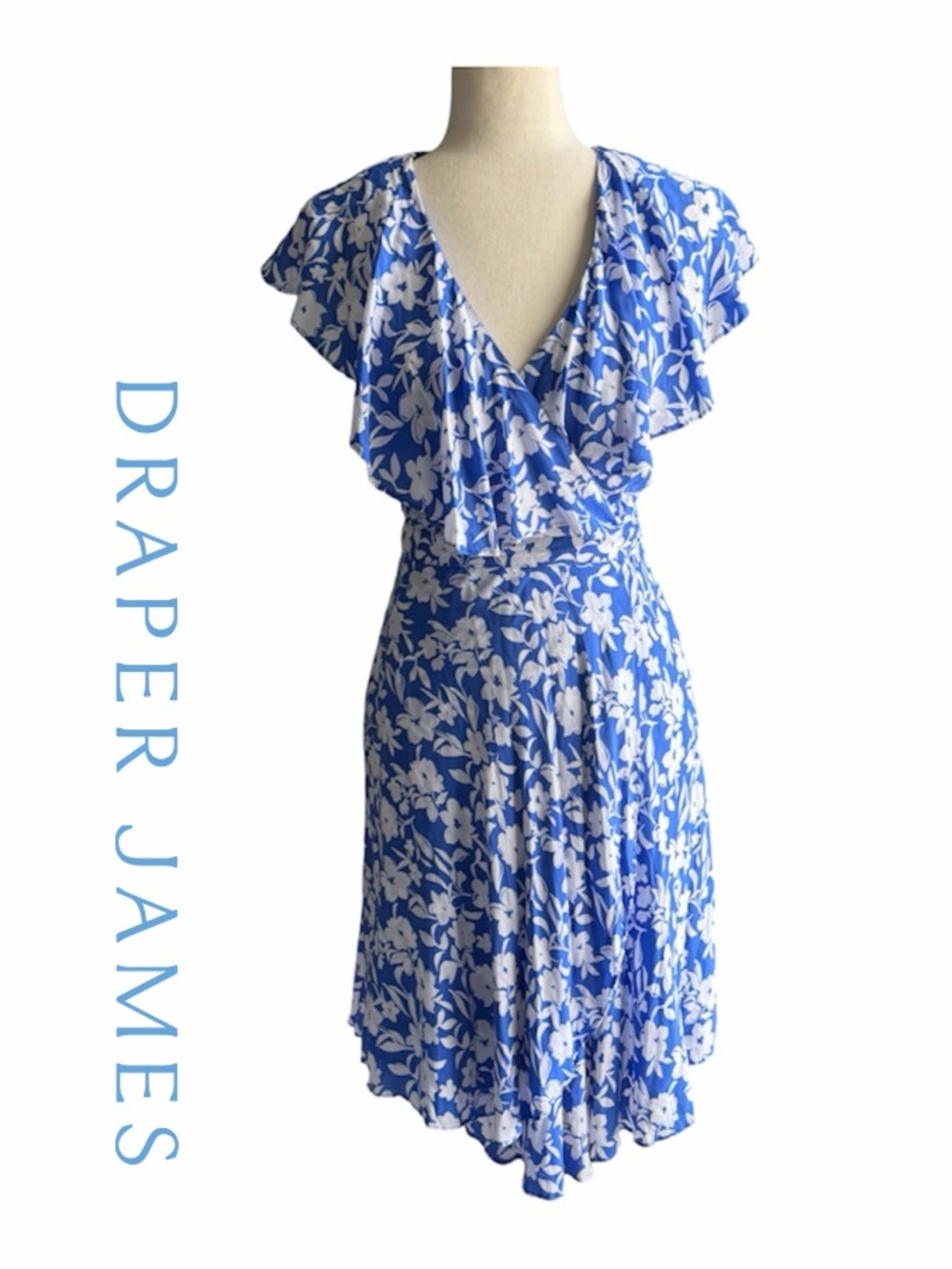 Draper James Blue and White Floral Wrap Dress w Ruffle Collar Small